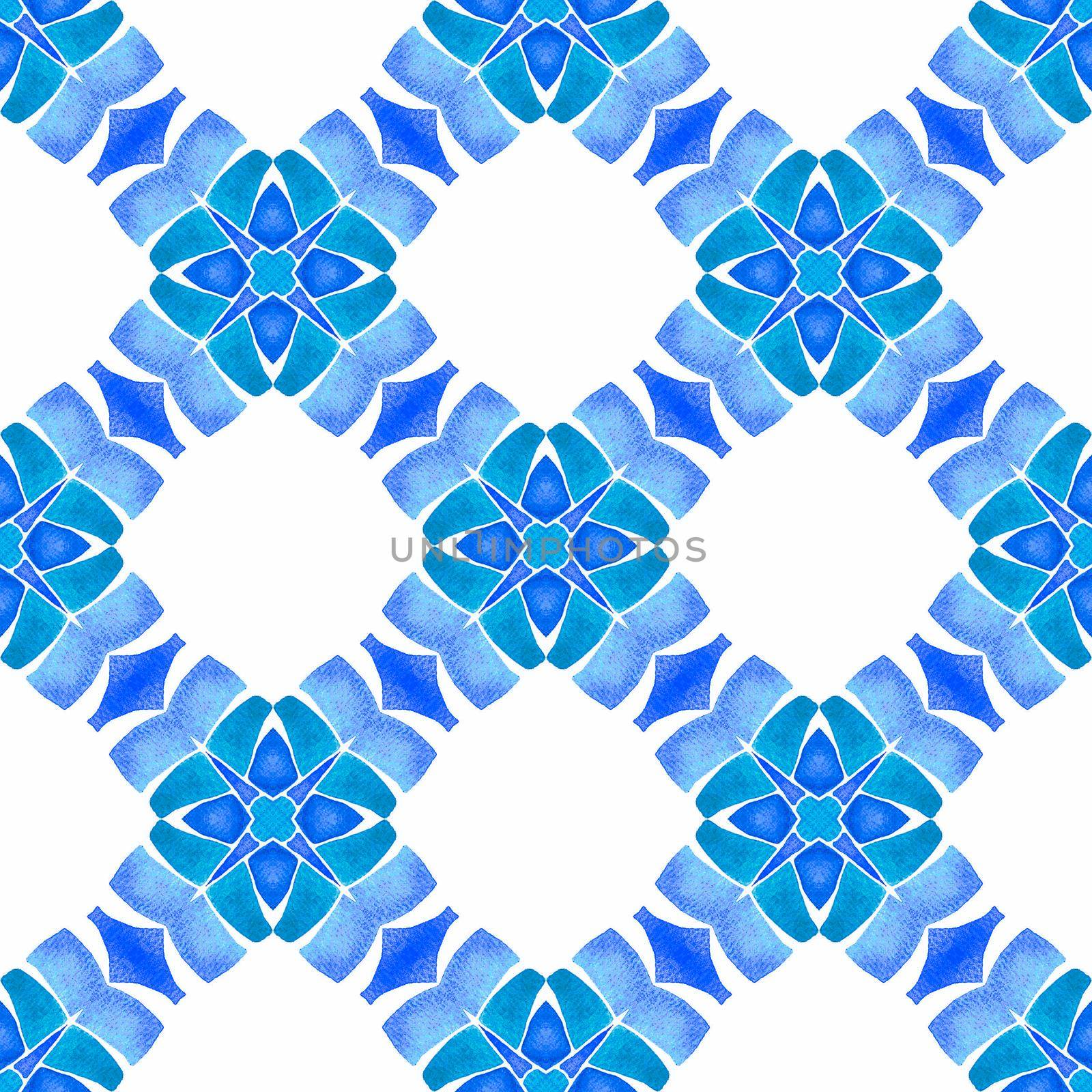 Watercolor medallion seamless border. Blue likable boho chic summer design. Textile ready excellent print, swimwear fabric, wallpaper, wrapping. Medallion seamless pattern.