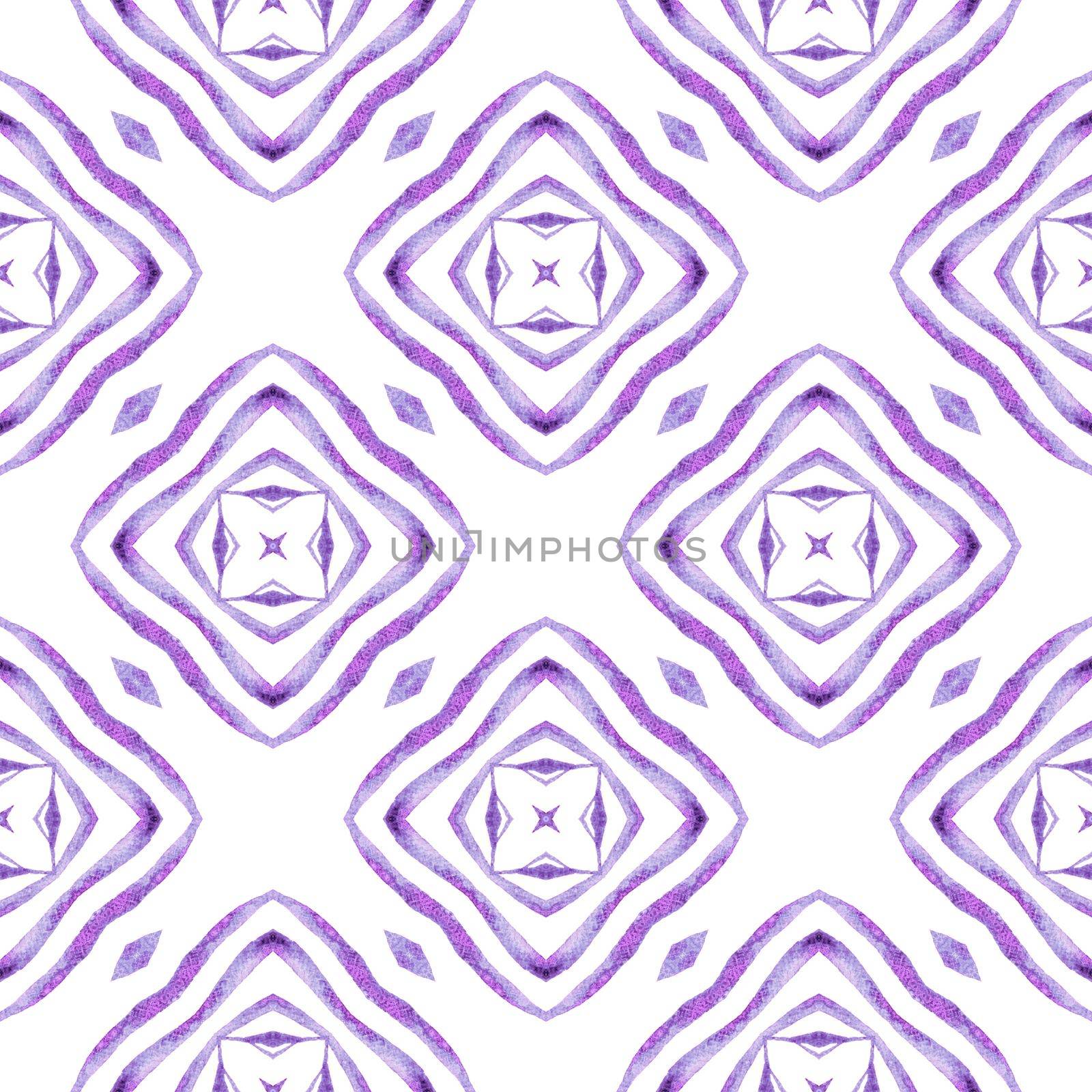 Watercolor summer ethnic border pattern. Purple surprising boho chic summer design. Textile ready artistic print, swimwear fabric, wallpaper, wrapping. Ethnic hand painted pattern.