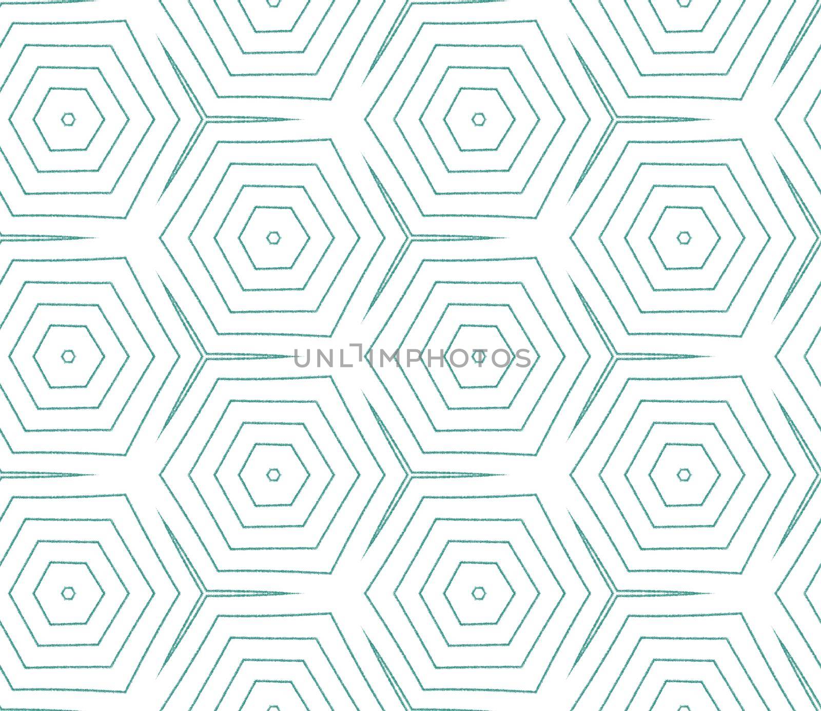 Ikat repeating swimwear design. Turquoise symmetrical kaleidoscope background. Textile ready favorable print, swimwear fabric, wallpaper, wrapping. Summer ikat sweamwear pattern.