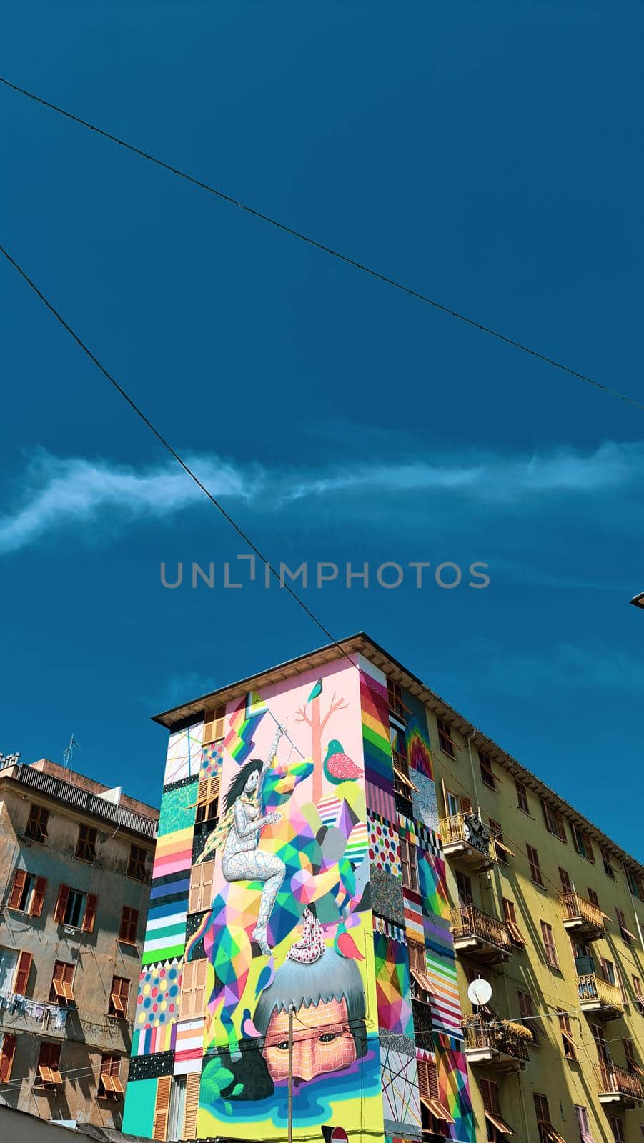 Genova, Italy-January 29, 2022: Beautiful modern high-rise buildings against the sky. 3d illustration on the theme of business success and technology. clouds reflection on the mirror.Industrial zone.