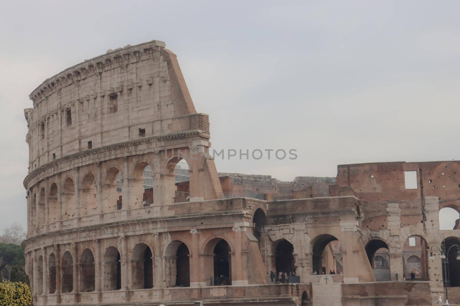 ROME, ITALY - February 05, 2022: Panoramic view around the Colosseum in city of Rome, Italy. Cold and gray sky in the background. Macro photography of the green parks with the old buildings.