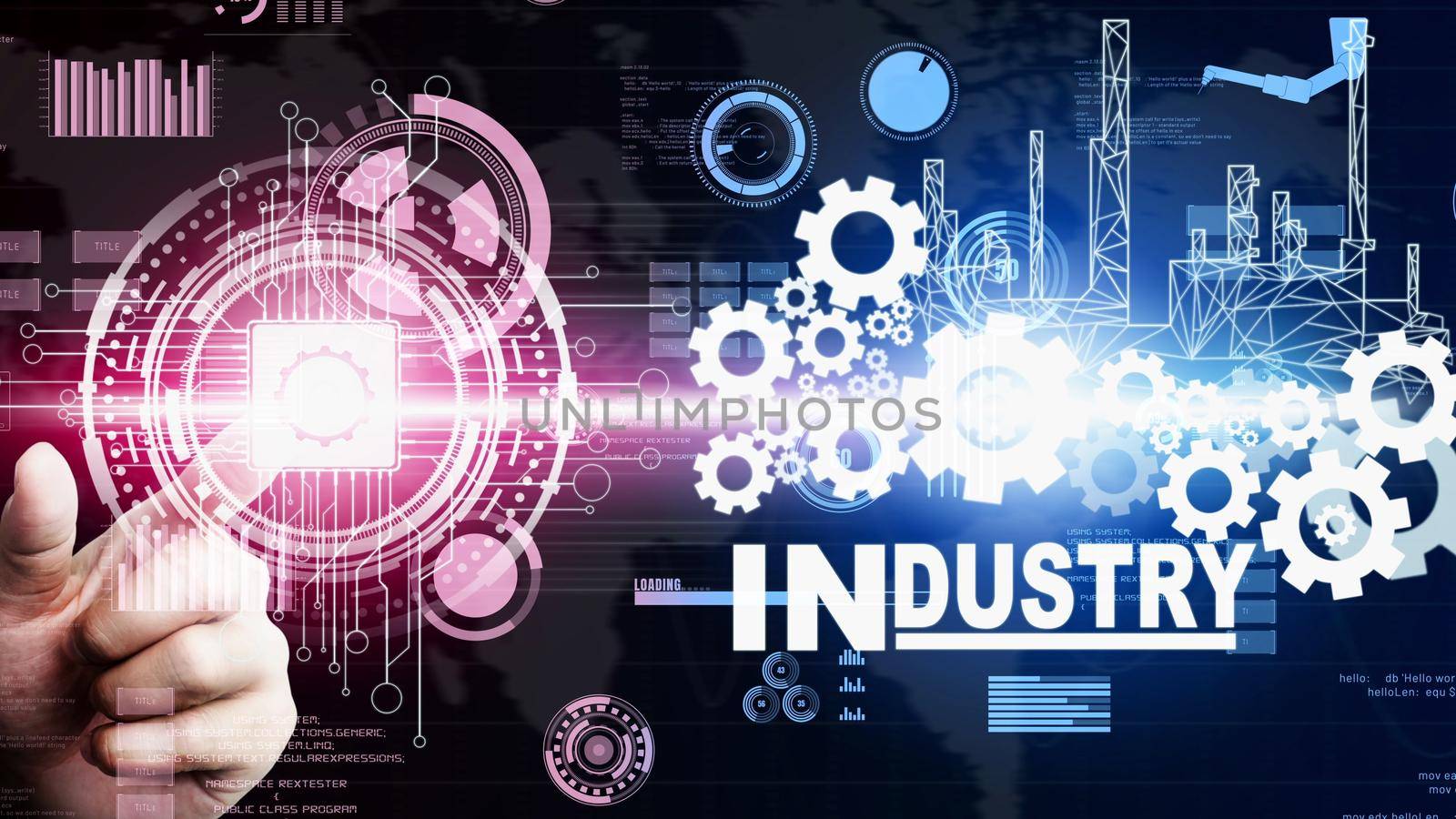 Futuristic industry 4.0 and inventive mechanized engineering concept with graphic user interface showing automation design, robot operation, usage of machine deep learning for future manufacturing.