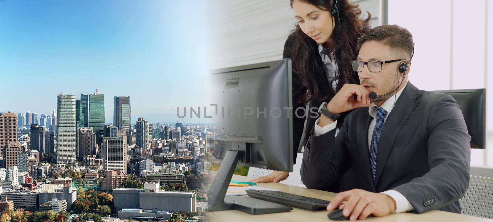 Business people wearing headset working in office broaden view by biancoblue