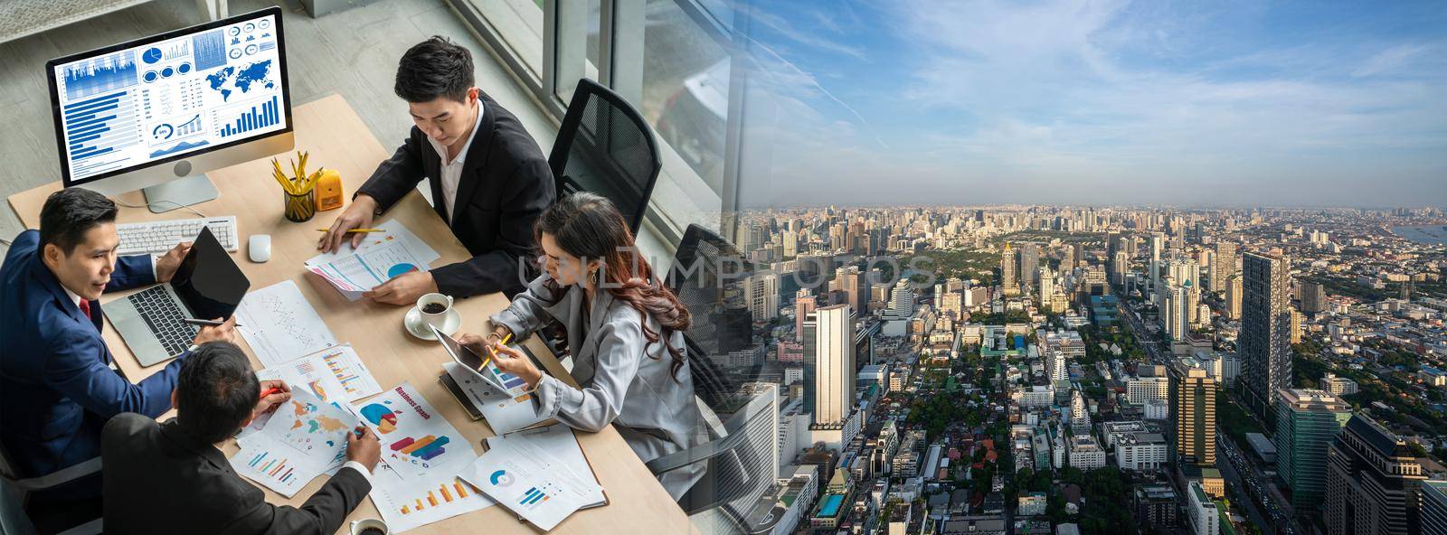 Business people group meeting shot from top widen view in office . Profession businesswomen, businessmen and office workers working in team conference with project planning document on meeting table .