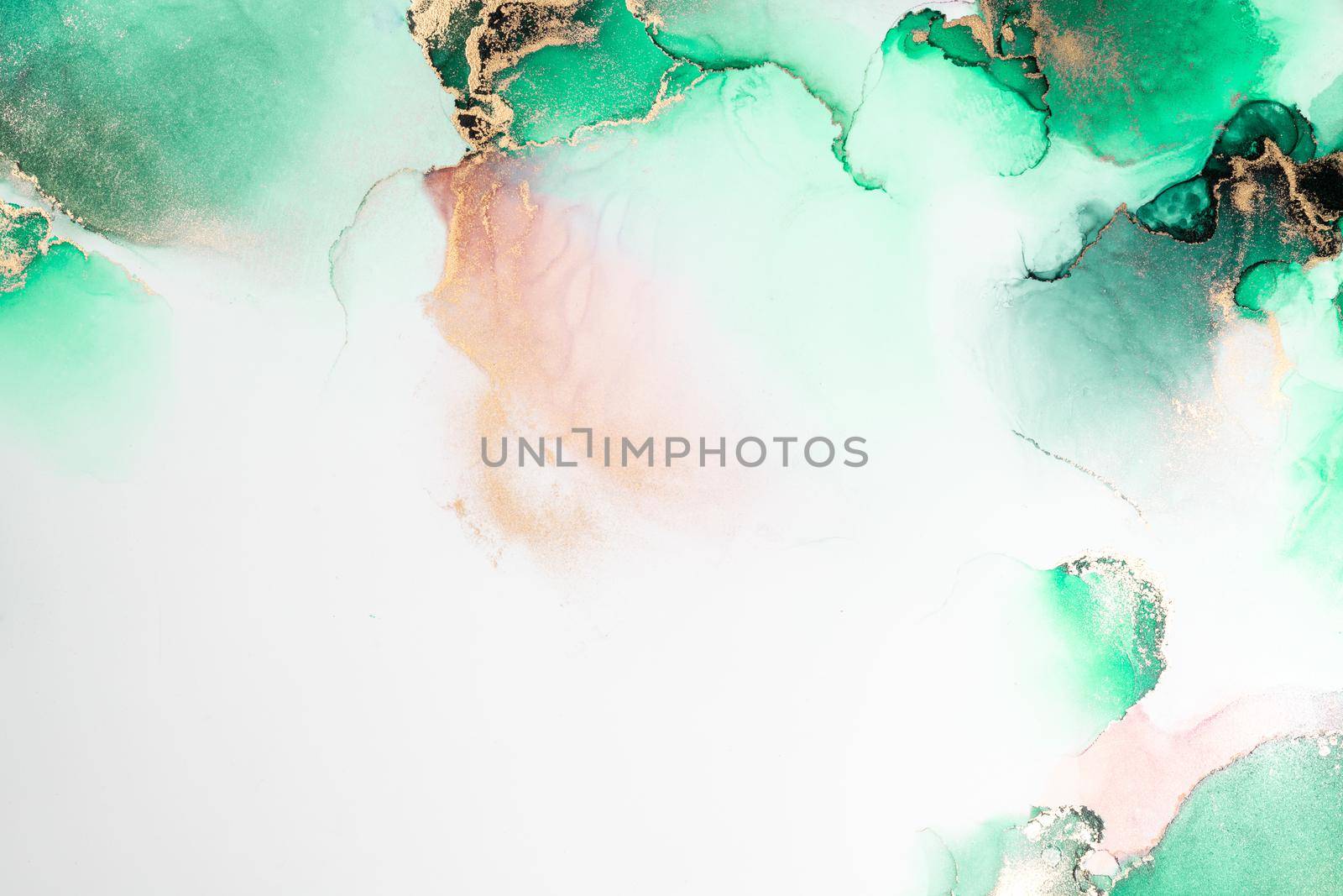 Green gold abstract background of marble liquid ink art painting on paper . by biancoblue