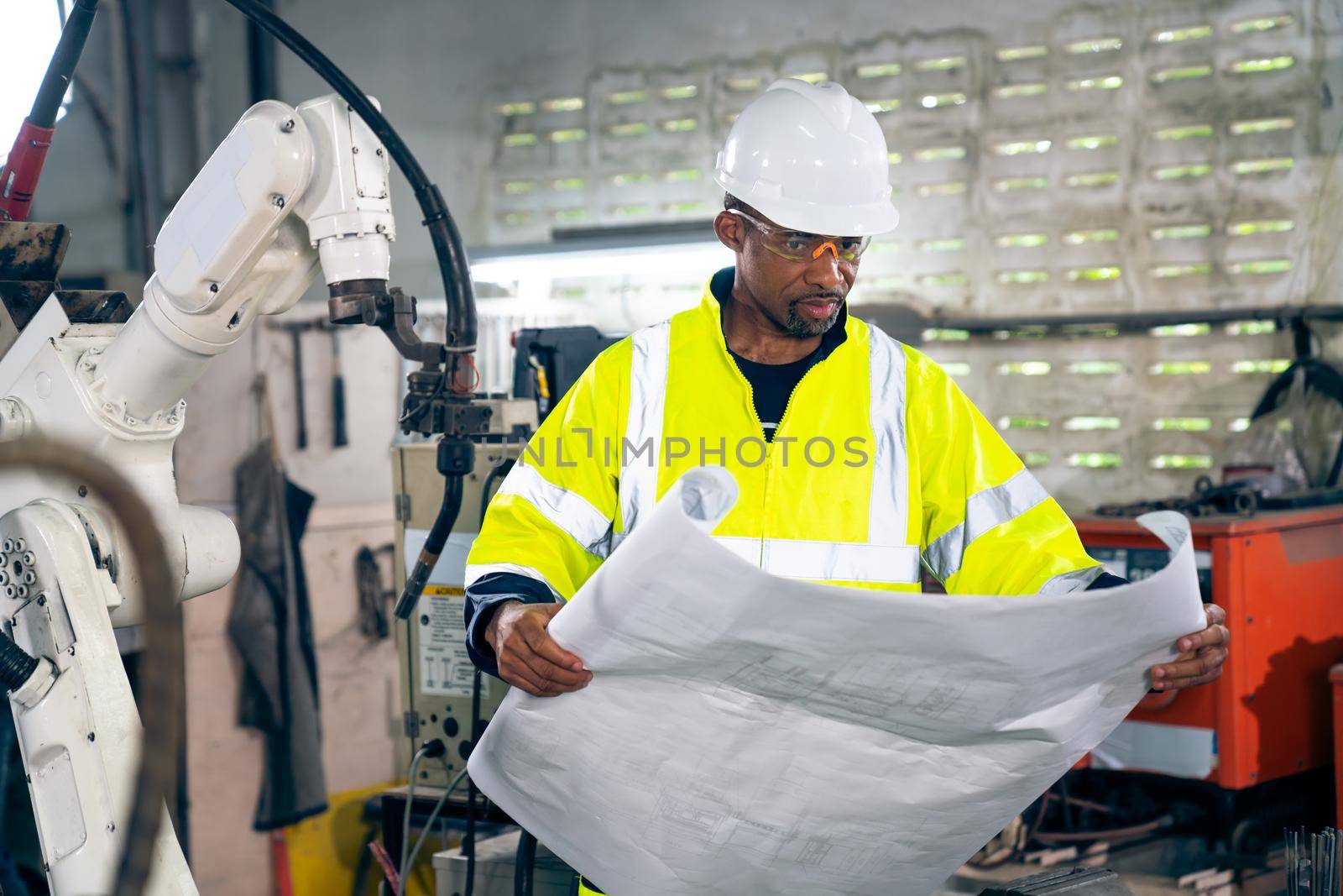 African American factory worker working with adept robotic arm in a workshop . Industry robot programming software for automated manufacturing technology .