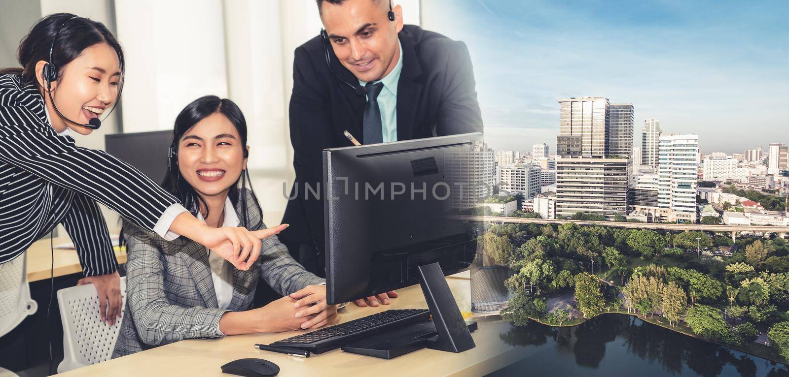 Business people wearing headset working in office broaden view by biancoblue