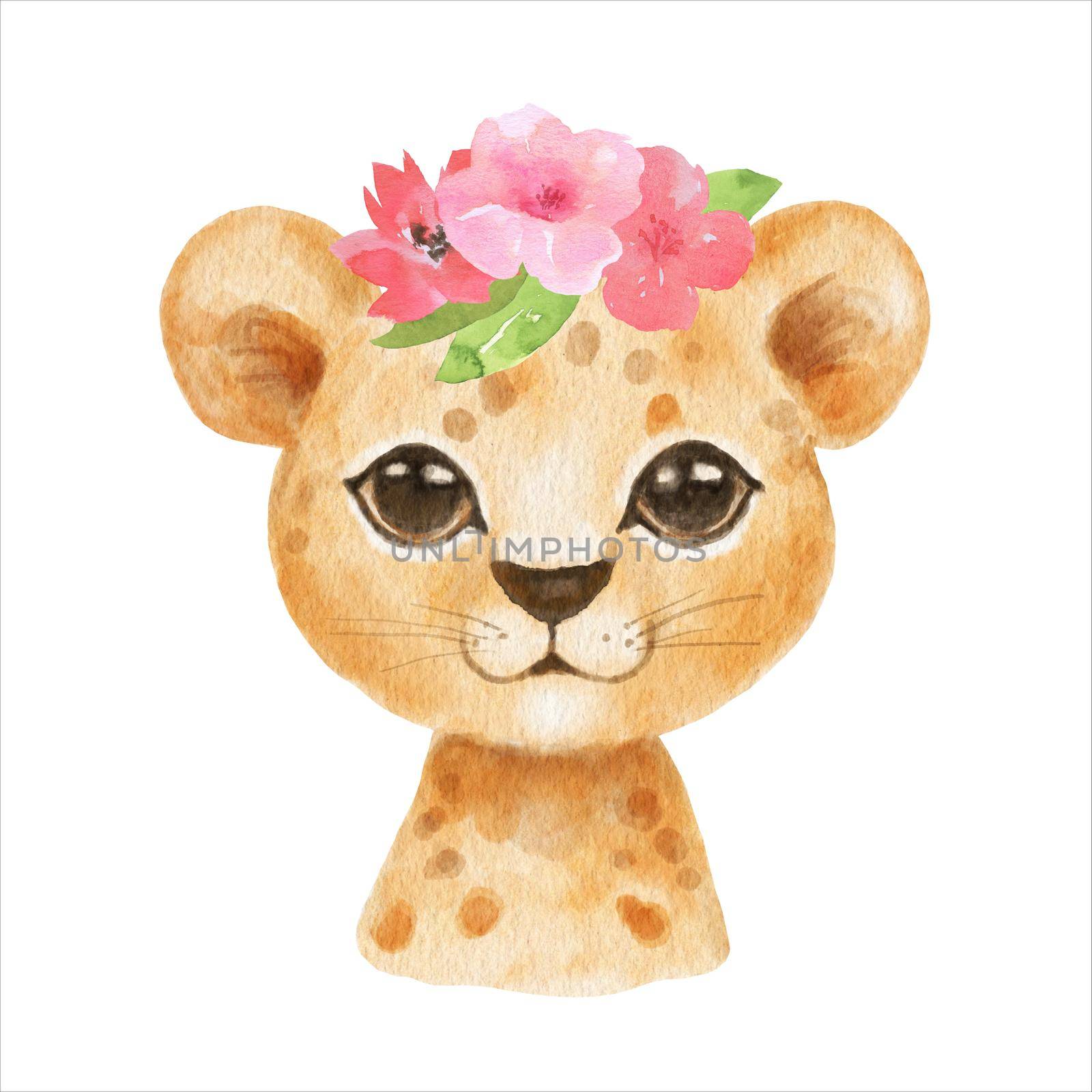 Cute portrait cheetah head in cartoon style. Drawing african baby wild cat face isolated on white background. Watercolor sweet leopard for kids poster and card.