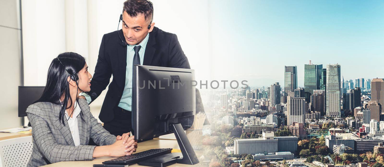 Business people wearing headset working in office broaden view by biancoblue