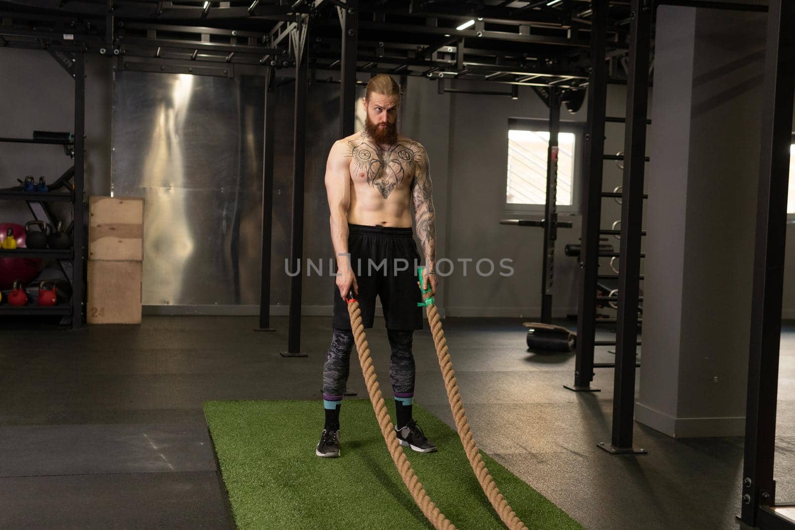 Beard fit fitness gym rope workout training athlete strong muscular, concept person adult from athletic from equipment cross, motion background. Weightlifting active chool, by 89167702191