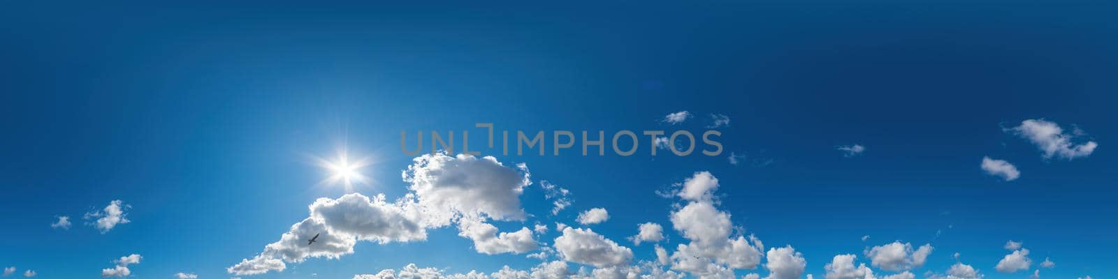 Sky panorama with Cirrus clouds in Seamless spherical equirectangular format. Full zenith for use in 3D graphics, game and editing aerial drone 360 degree panoramas for sky replacement