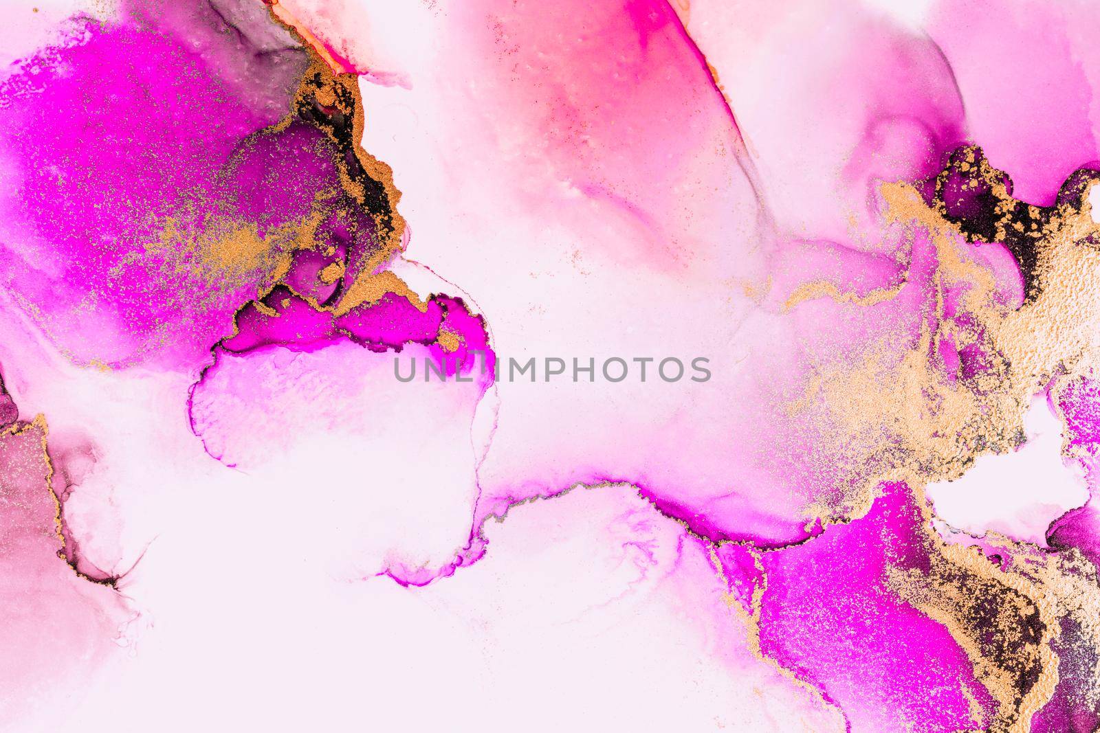 Pink gold abstract background of marble liquid ink art painting on paper . Image of original artwork watercolor alcohol ink paint on high quality paper texture .