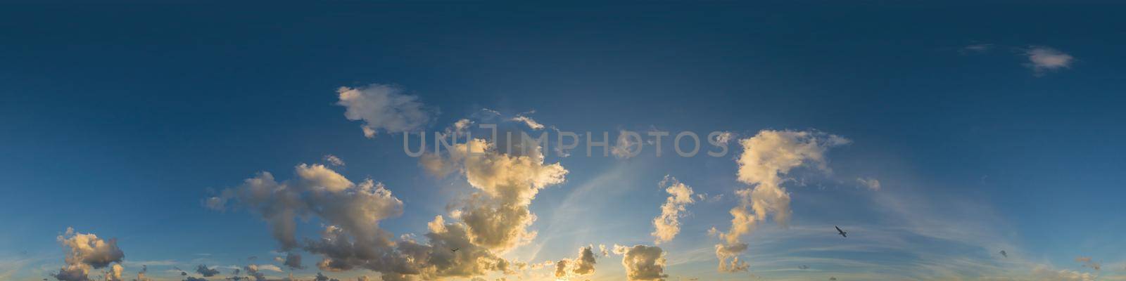 Dramatic sunset sky panorama with Cumulus clouds. Seamless hdr 360 pano in spherical equirectangular format. Complete zenith for 3D visualization, game and sky replacement for aerial drone panoramas by Matiunina