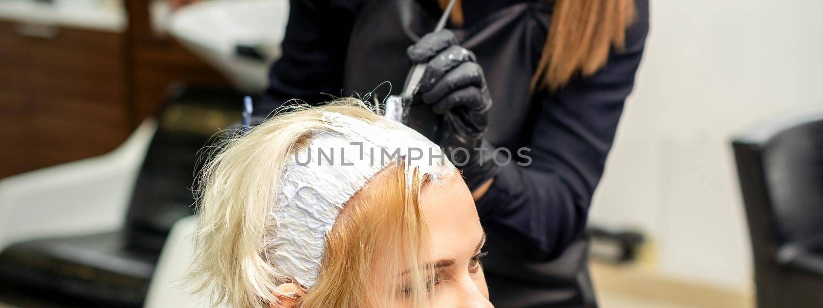 Female hair stylist applies white dye to hair of young female client in hair salon