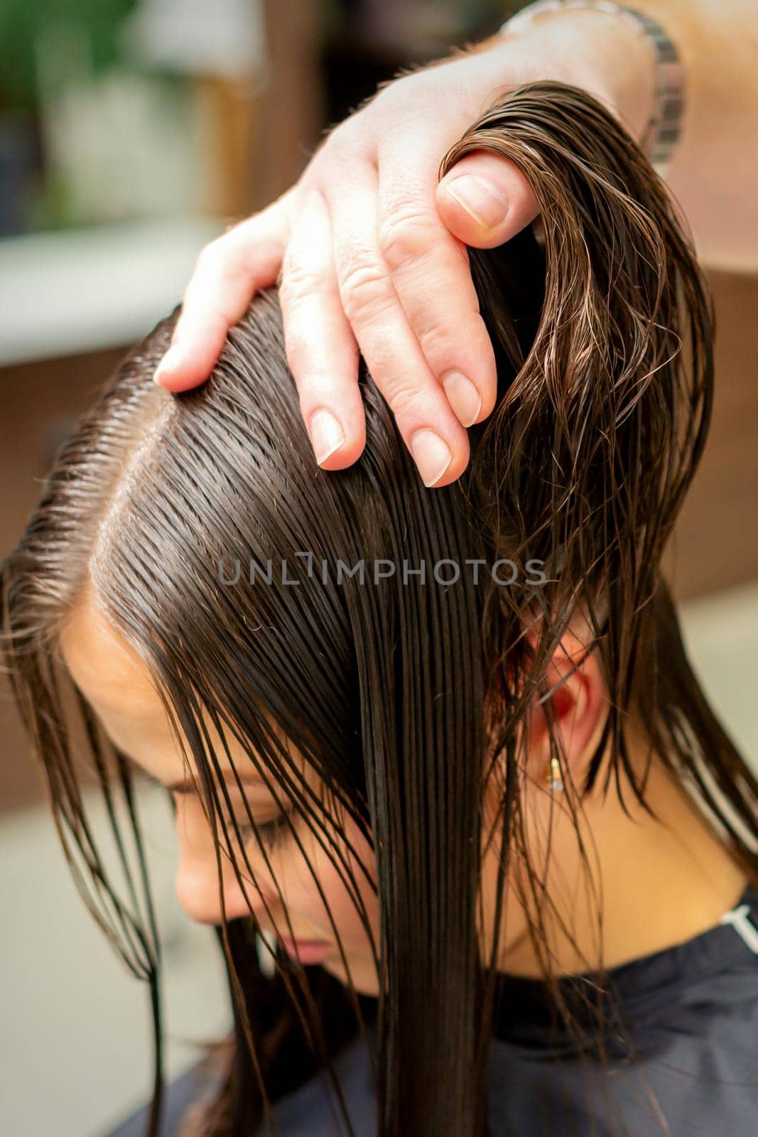 Young woman receiving treatment her hair by hands of professional hairdresser in hair salon