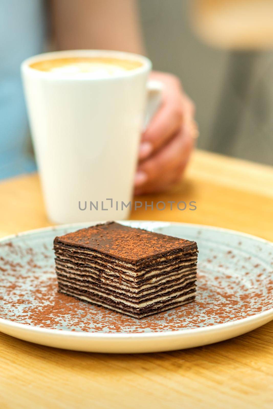 Piece of chocolate cake on plate with cup of coffee on the table in dessert cafe. Selective focus