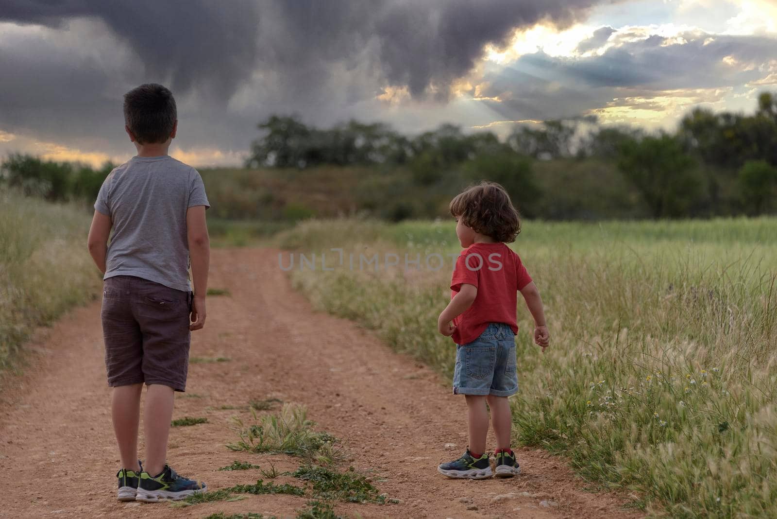 Two Caucasian brothers stroll through the countryside approaching storm clouds on a summer evening