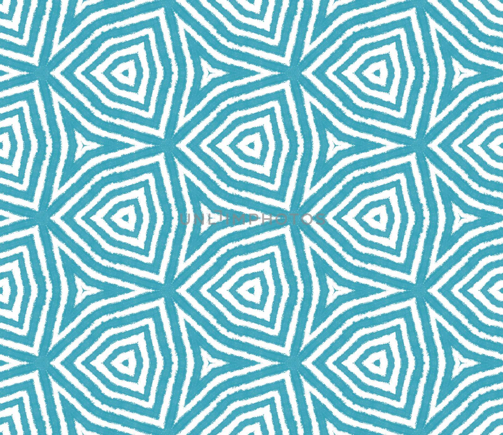 Ethnic hand painted pattern. Turquoise symmetrical kaleidoscope background. Summer dress ethnic hand painted tile. Textile ready fresh print, swimwear fabric, wallpaper, wrapping.