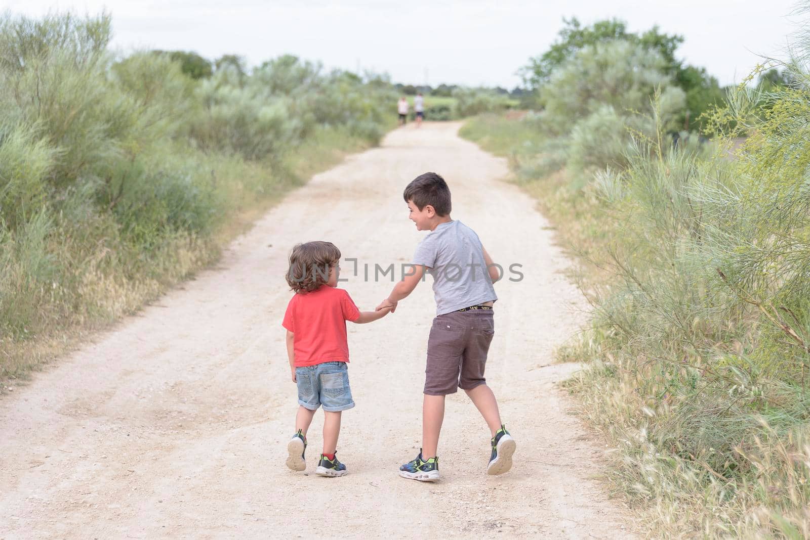 Two Caucasian brothers stroll through the countryside approaching storm clouds on a summer evening