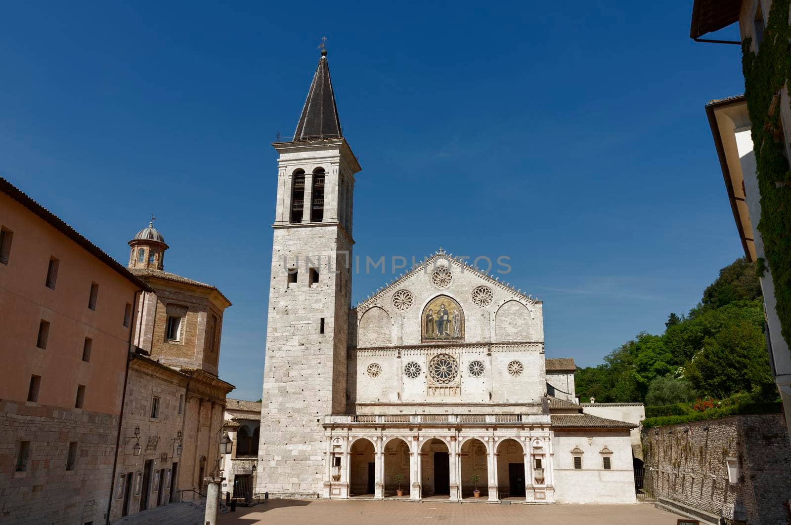 Spoleto , Italy 06/06/2022  Cathedral of Santa Maria Assunta facade and square , Romanesque architecture
