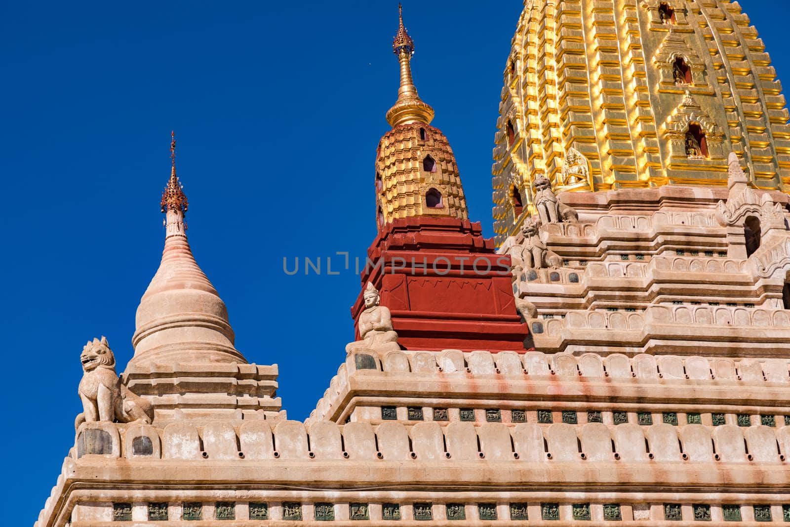 Reliefs, figures and ornaments from the Ananda Temple in Burmese Bagan, Myanmar
