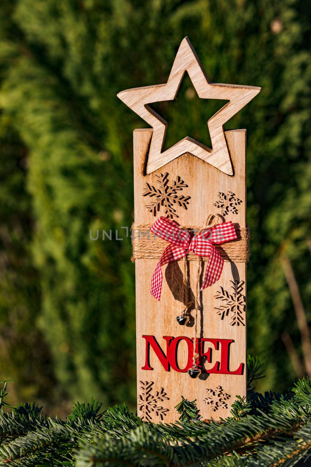 Wooden decoration elements for Christmas against a naturally green background