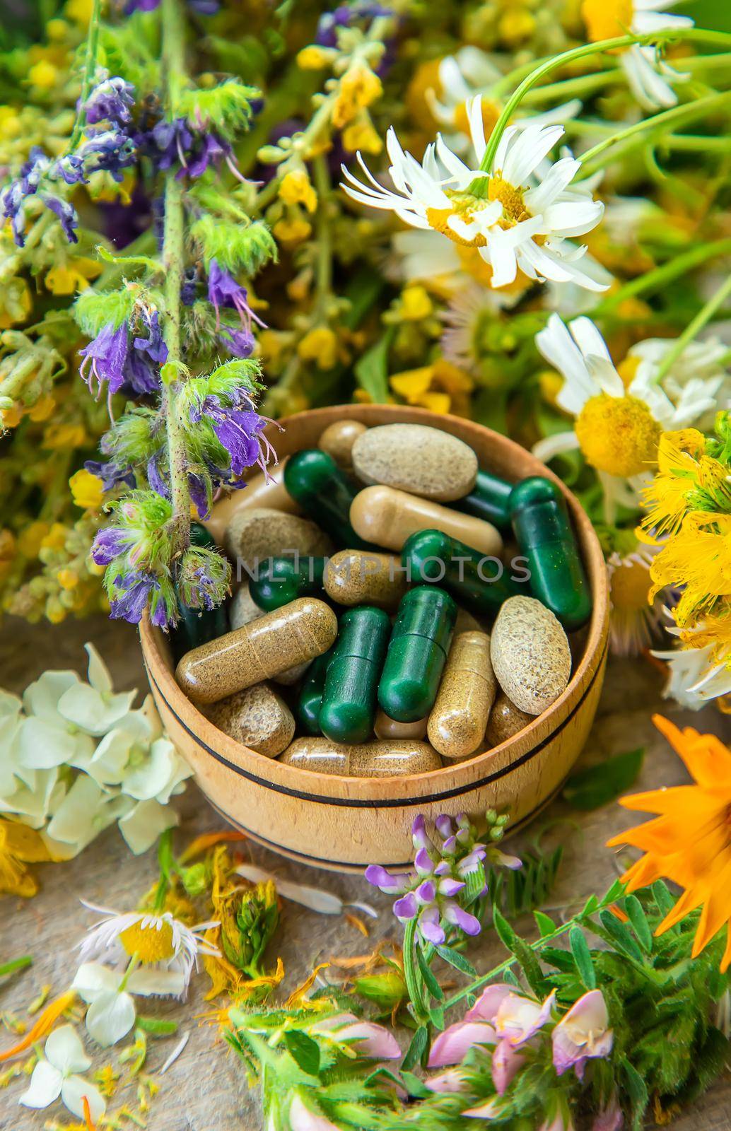 Supplements and vitamins with medicinal herbs. Selective focus. Nature.