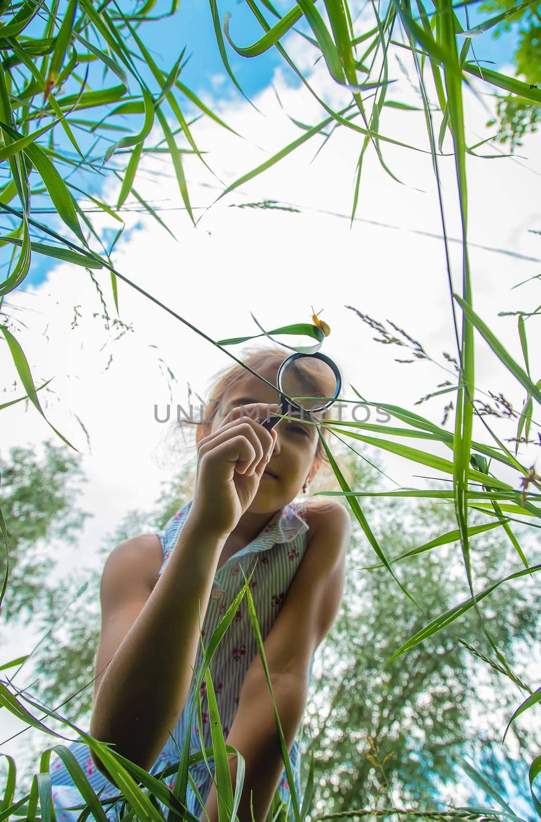 The child looks at the snail through a magnifying glass. Selective focus. Nature.