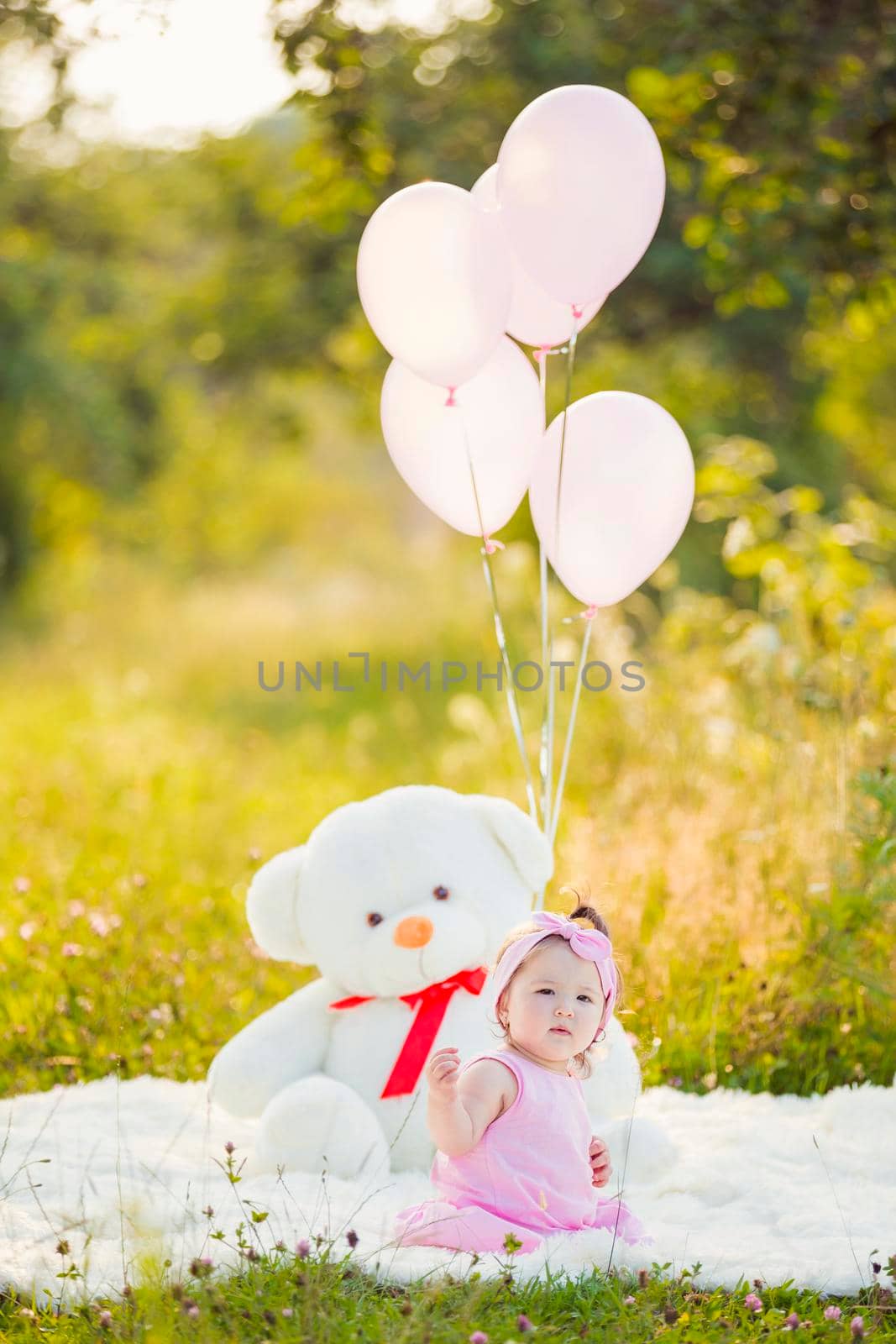 girl sitting in nature with teddy bear and balloons