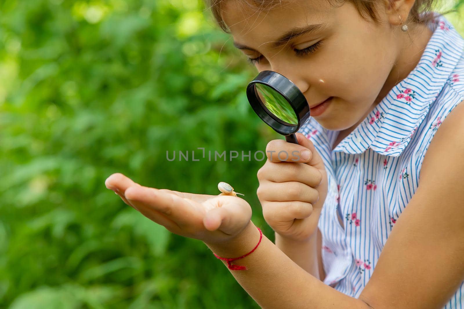 The child looks at the snail through a magnifying glass. Selective focus. Nature.