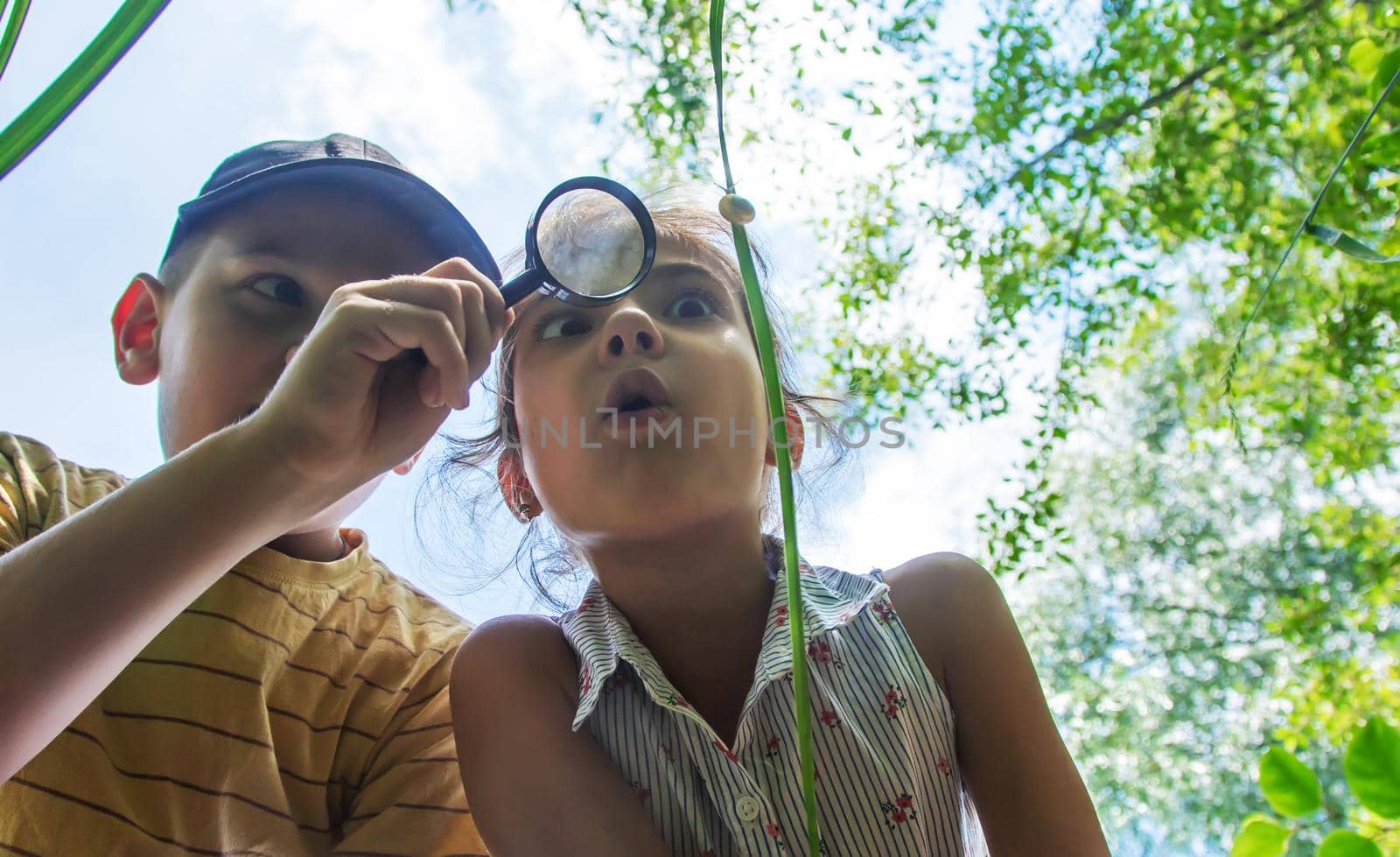 The child looks at the snail through a magnifying glass. Selective focus. Nature.