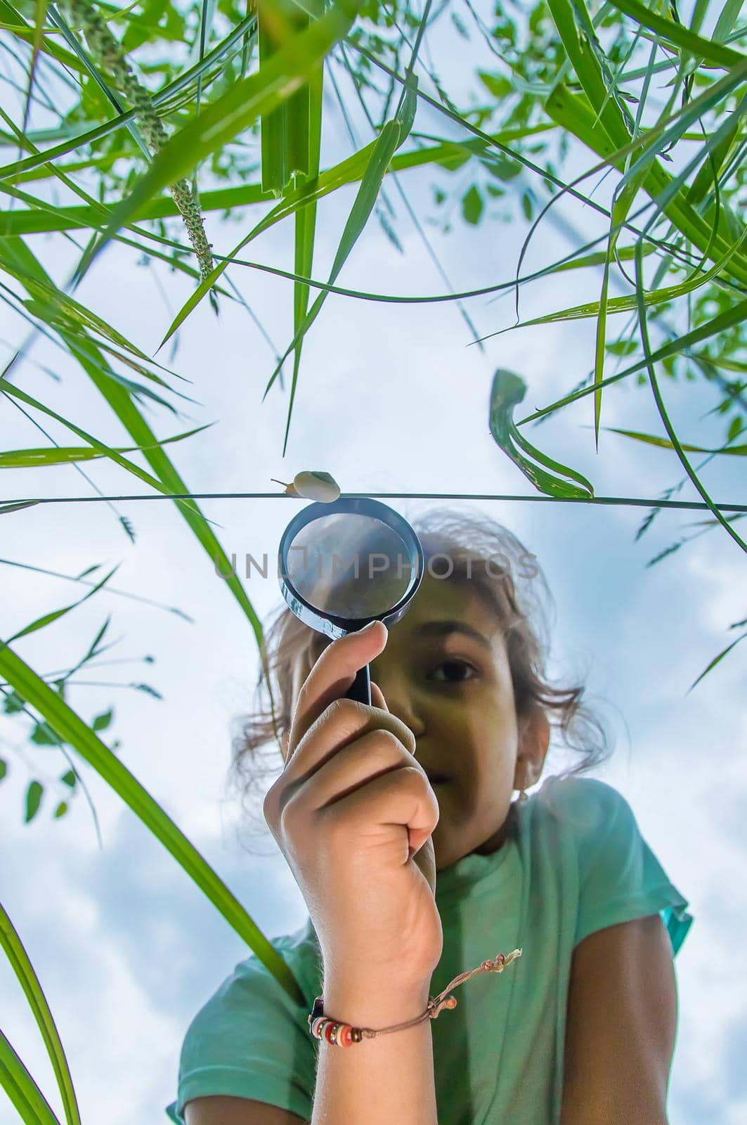 The child looks at the snail through a magnifying glass. Selective focus. Nature.