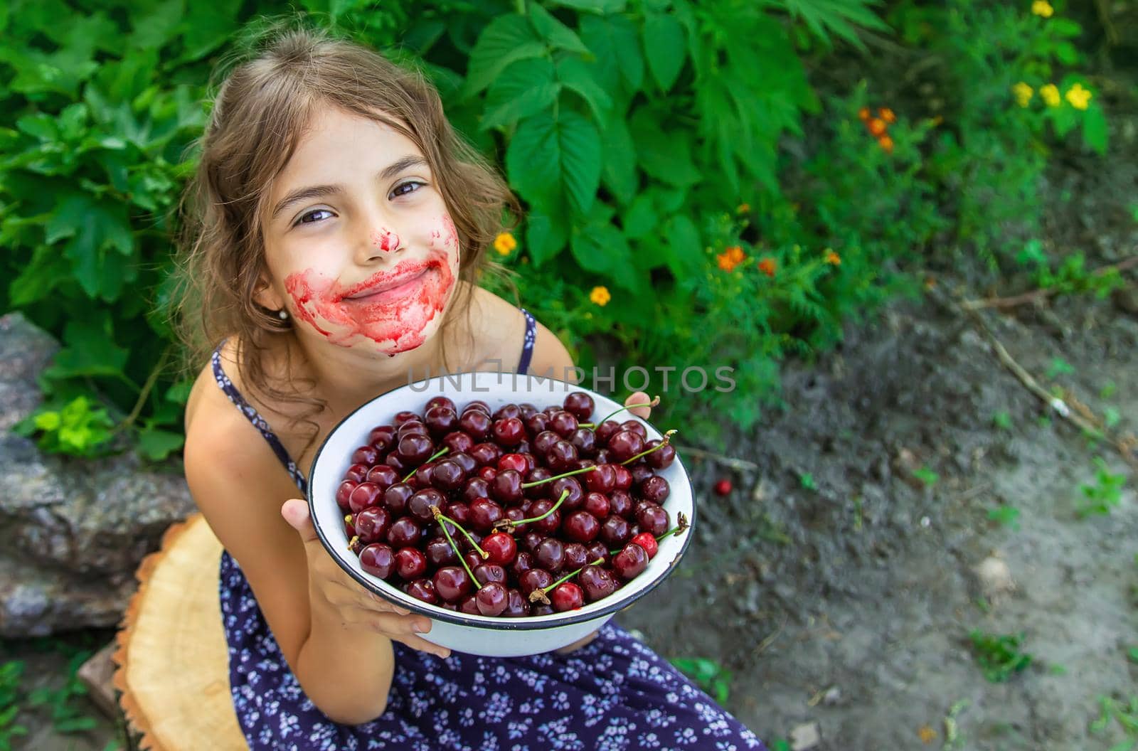 The child eats cherries in the garden. Selective focus. Food.
