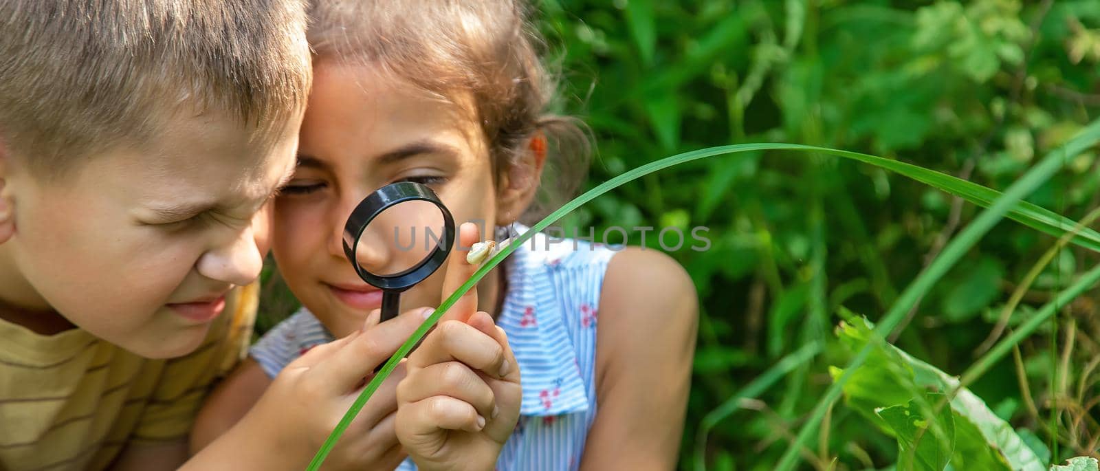 The child looks at the snail through a magnifying glass. Selective focus. by yanadjana