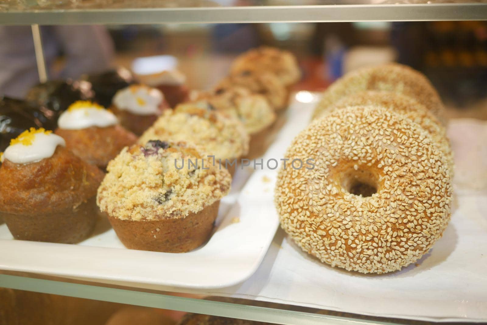 Baked pastry with glass window in the bakery