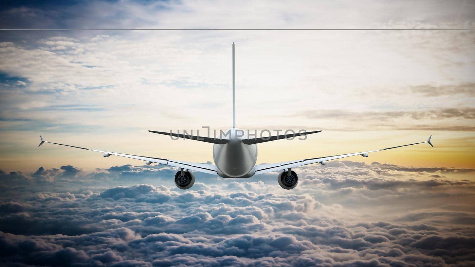 Commercial airplane rising high in the sky. 3D illustration by Simsek