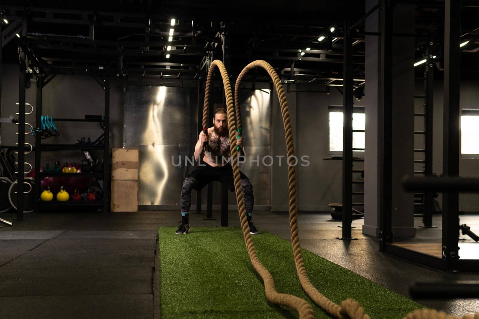 Rope man fitness gym beard training battle fit sport exercise, concept active equipment from physical from athletic activity, caucasian energy. Sportswoman people bodybuilding, by 89167702191