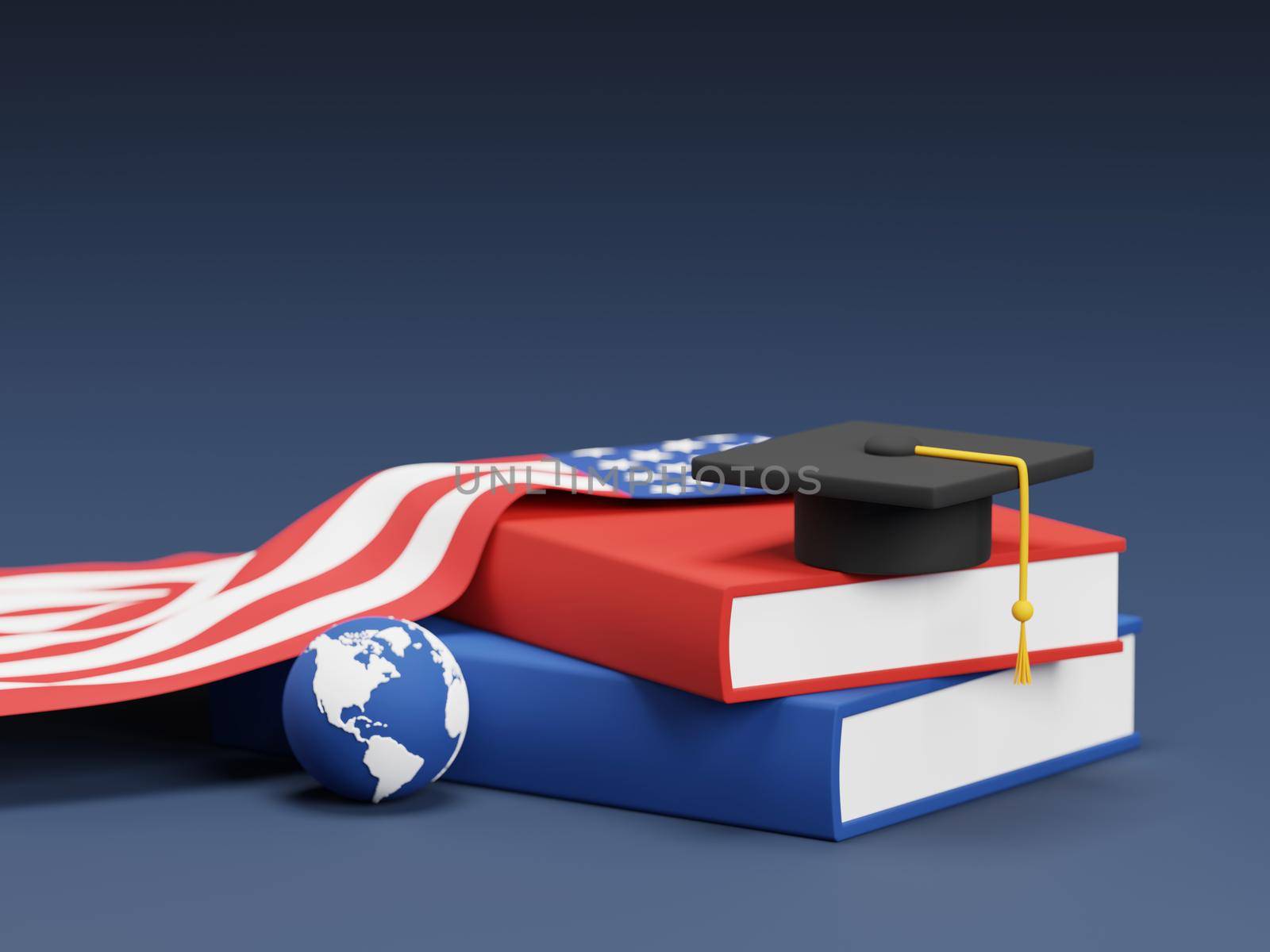Study abroad banner concept design of graduation cap on books and global with american flag on blue background 3D render by Myimagine