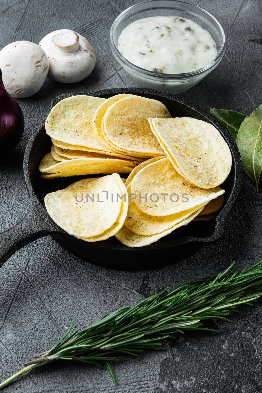 Home made potato chips set, on gray stone background