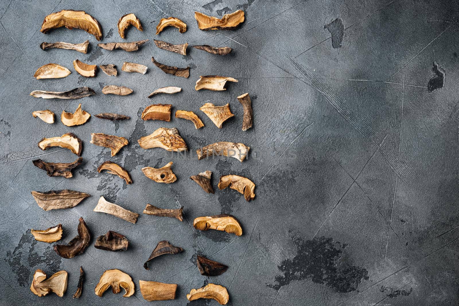 Mix of chopped wild dried mushrooms set, on gray background, top view flat lay , with space for text copyspace