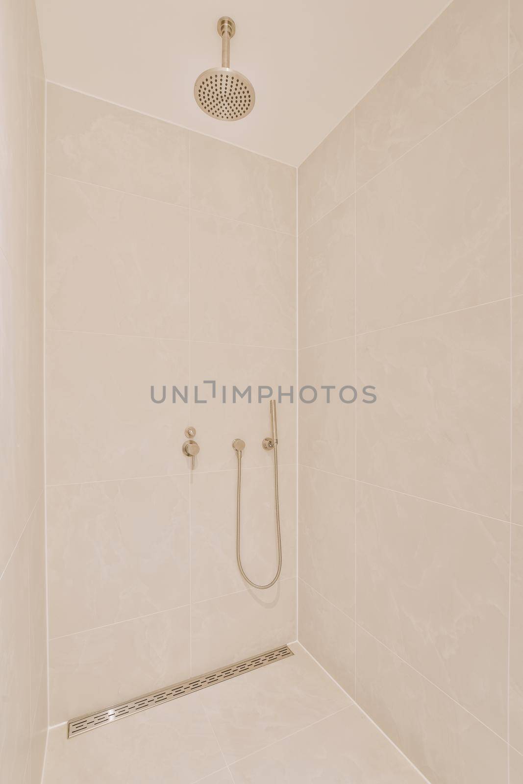 Modern shower stall in a bright bathroom