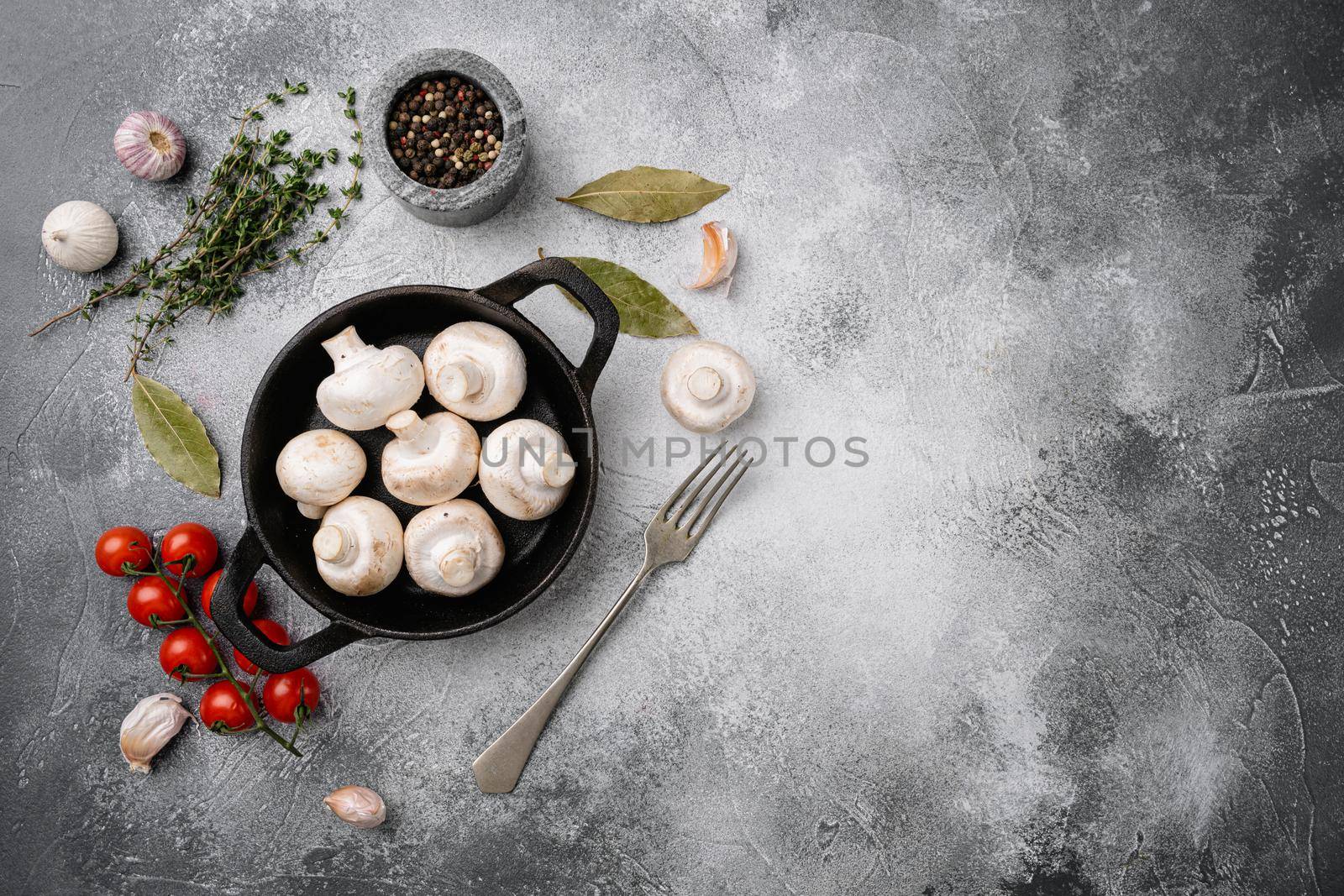 Fresh white champignon mushrooms set, on gray stone table background, top view flat lay, with copy space for text