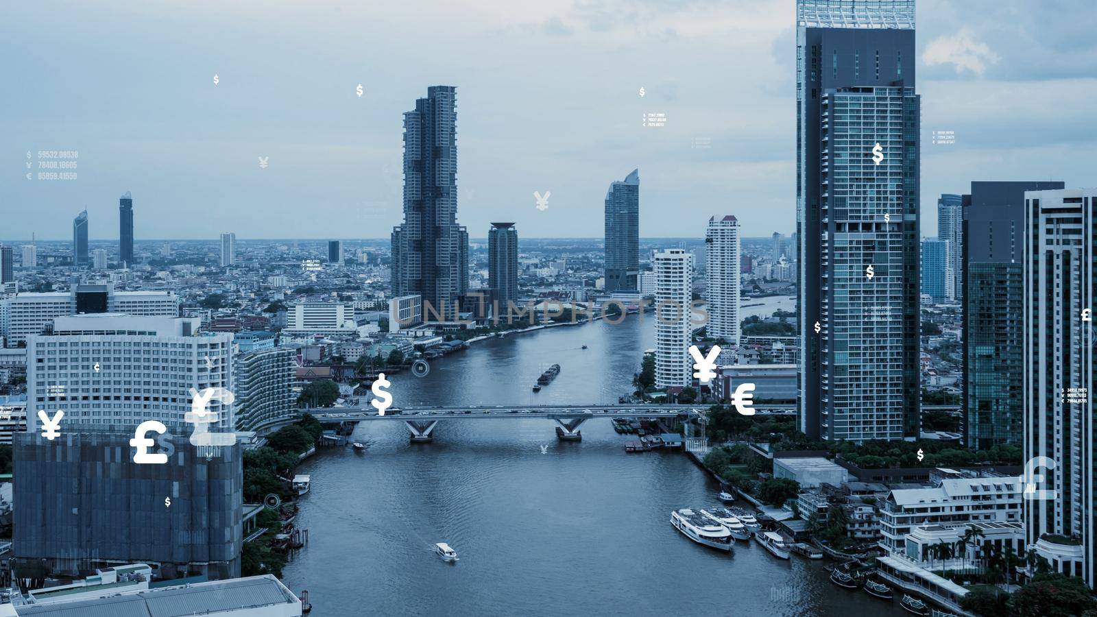 Business data analytic interface fly over smart city showing alteration future of business intelligence. Computer software and artificial intelligence are used to analyze big data for strategic plan .