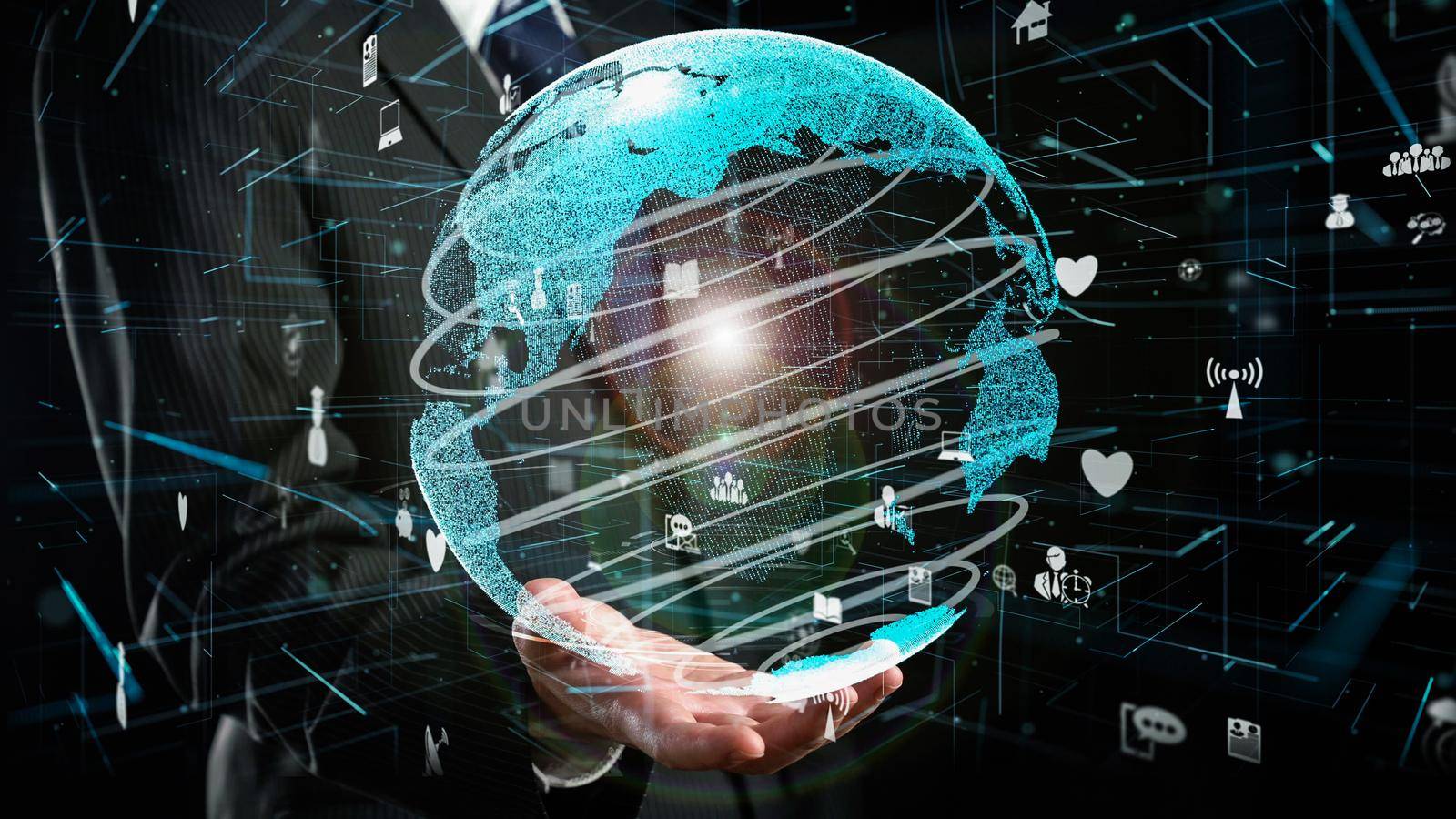 Businessman show hologram of global network communication allusive technology. Virtual augmented reality generated by 3D rendering motion graphic and animation to create futuristic HUD .