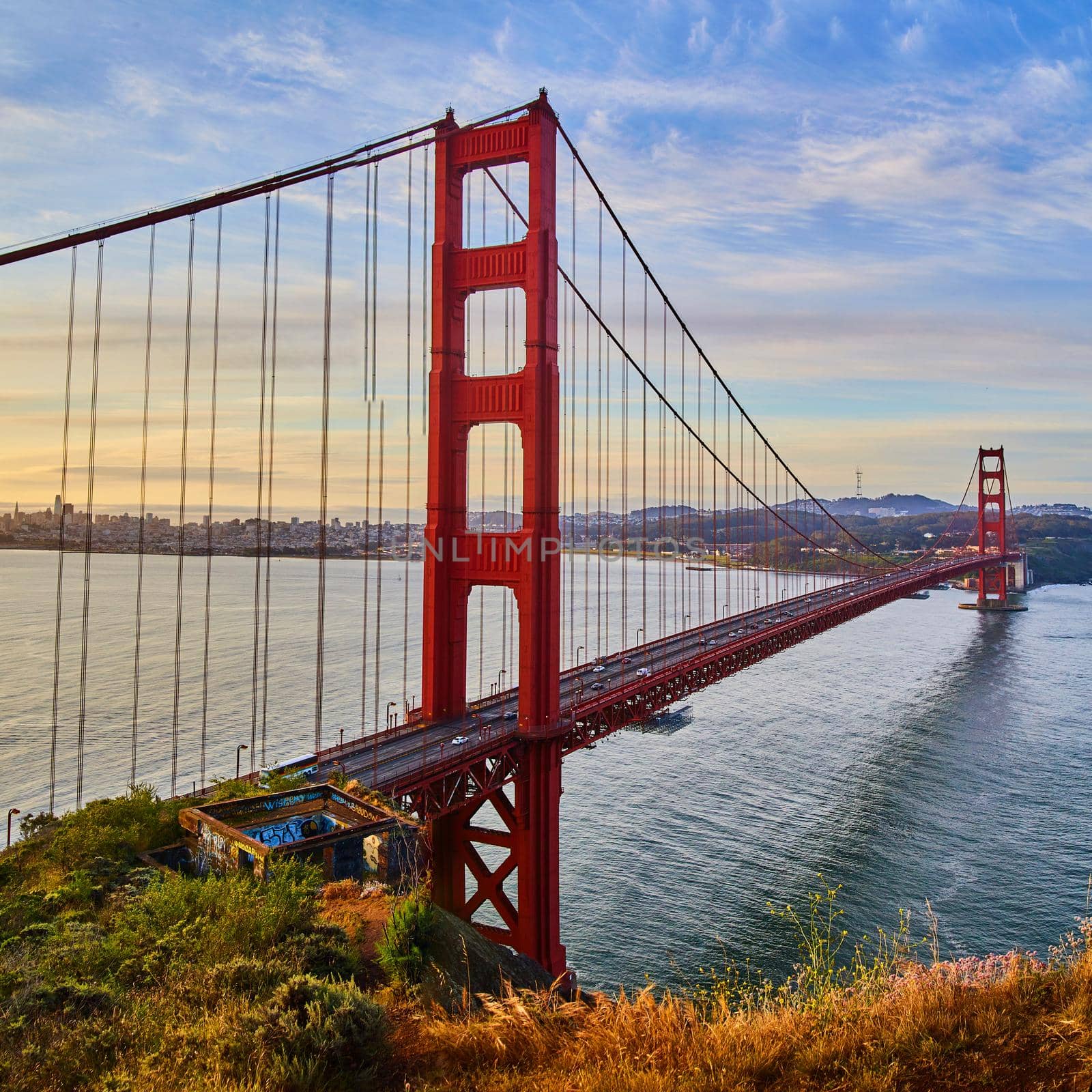 Square crop of Golden Gate Bridge in San Francisco during sunrise by njproductions
