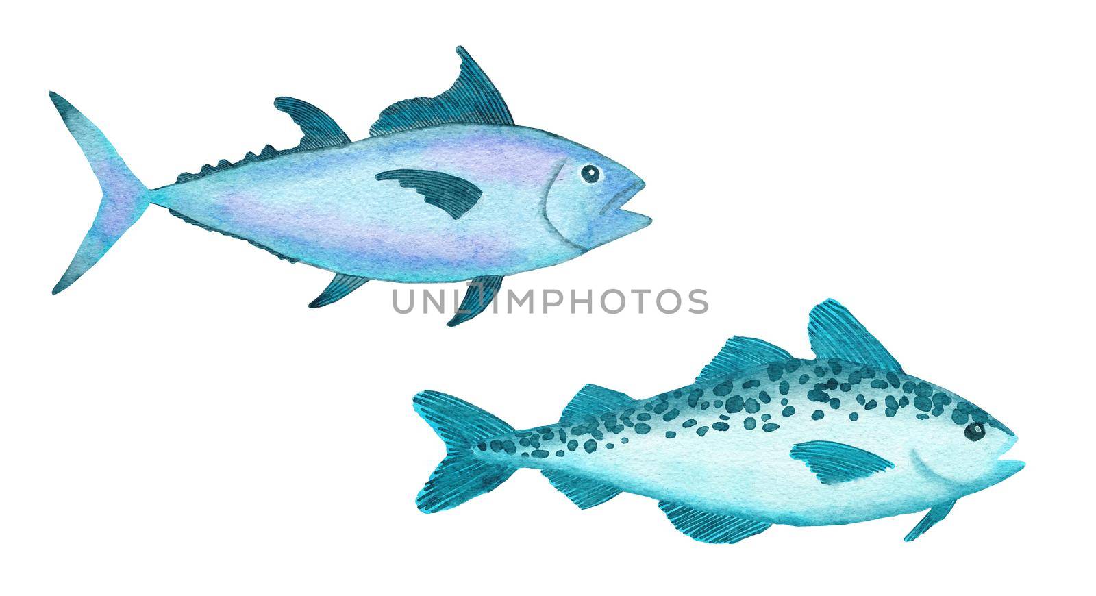 Watercolor illustration of tropical fish in blue turquoise purple colors, ocean sea underwater wildlife animals. Nautical summer beach design, coral reef life nature. by Lagmar