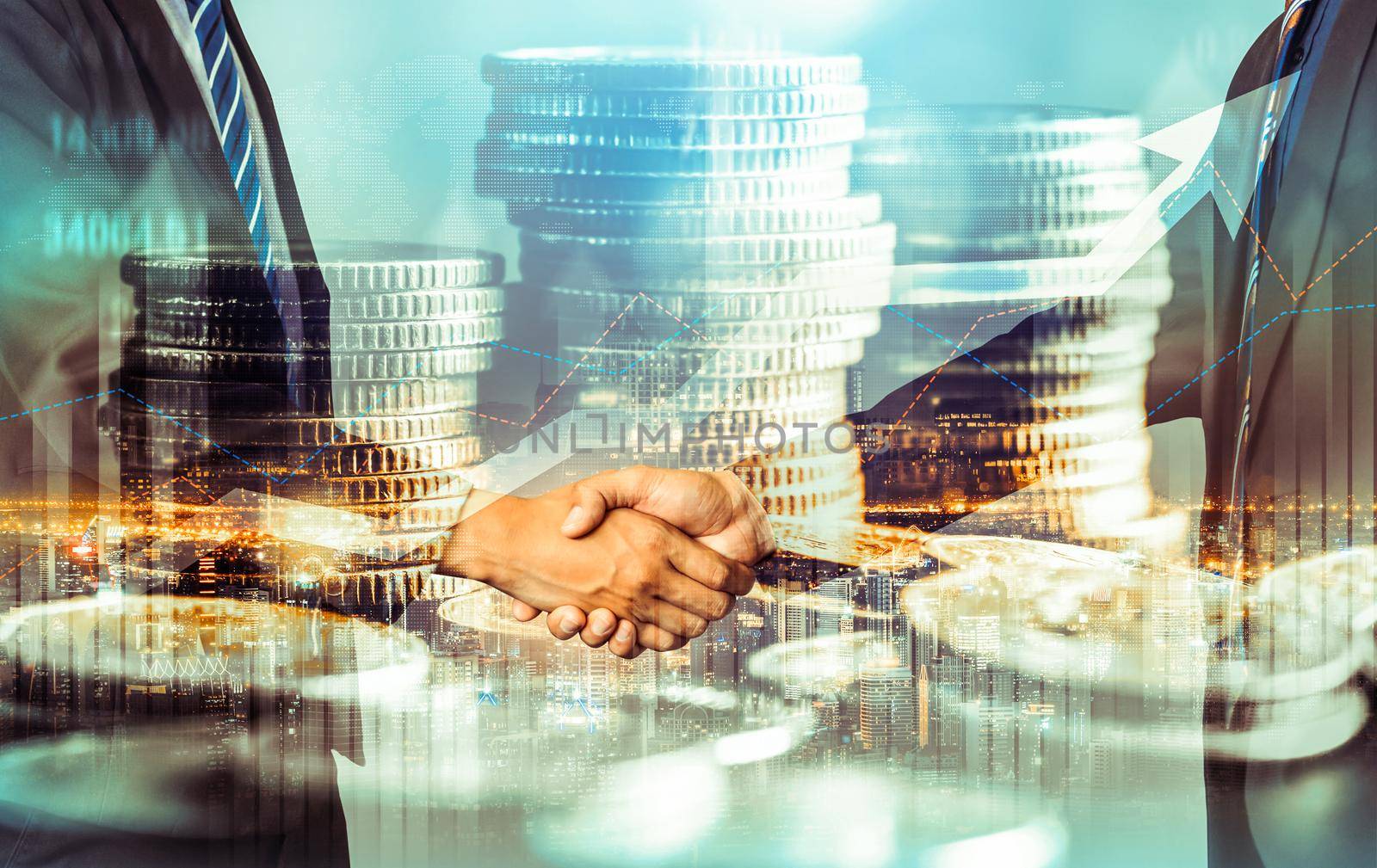 Business handshake on finance prosperity and money technology asset background . Economy and financial growth by investment in valuable stock market to gain wealth profit form currency trading