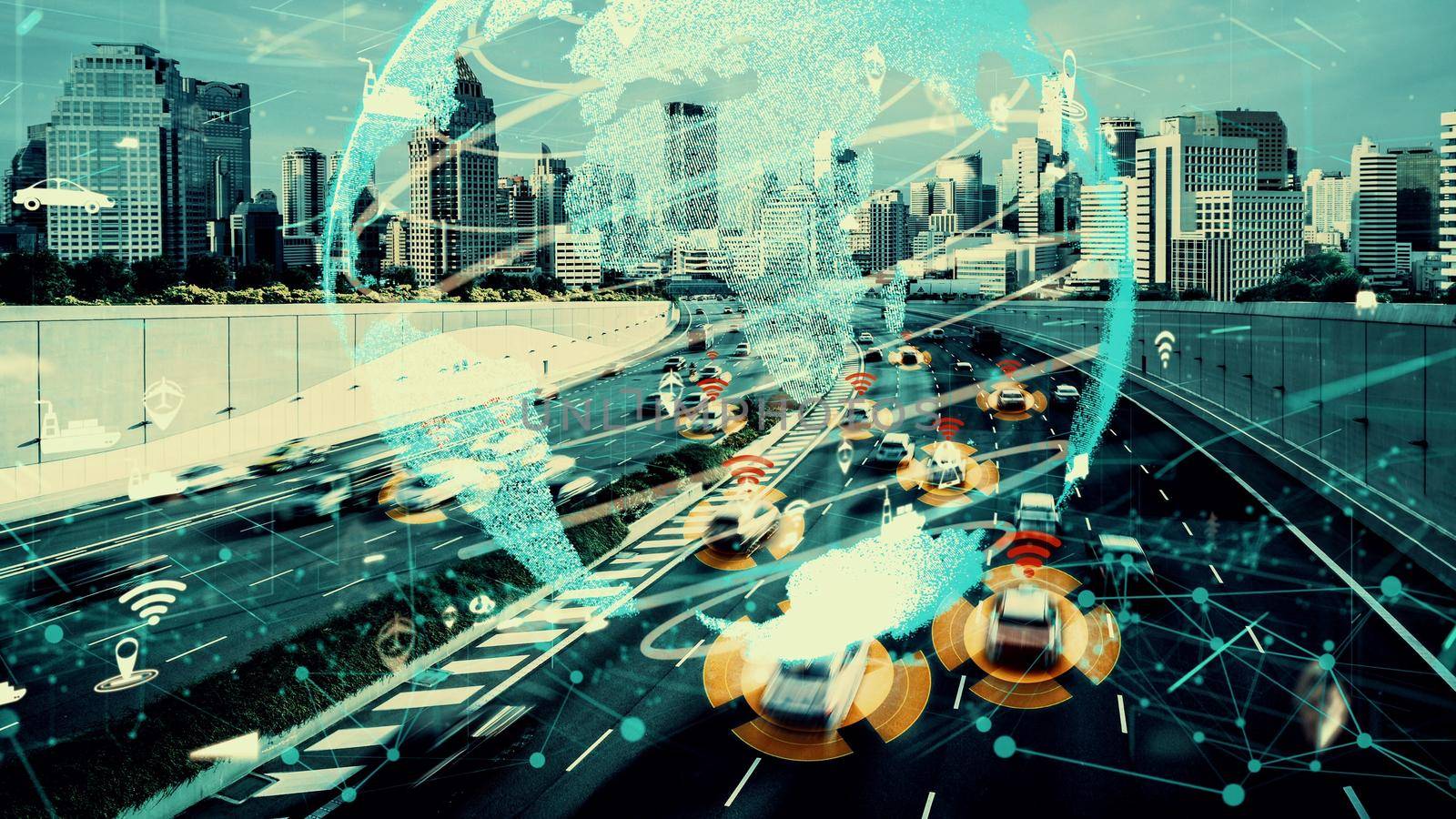 Smart transport technology concept for future car traffic on newish city road . Virtual intelligent system makes digital information analysis to connect data of vehicle on city street .