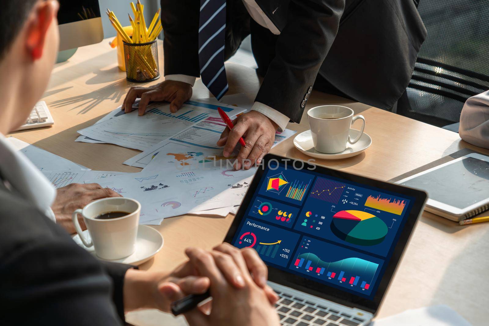 Business data dashboard analysis by ingenious computer software . Investment application display business sales and profit on the computer screen and advise marketing planning decision .