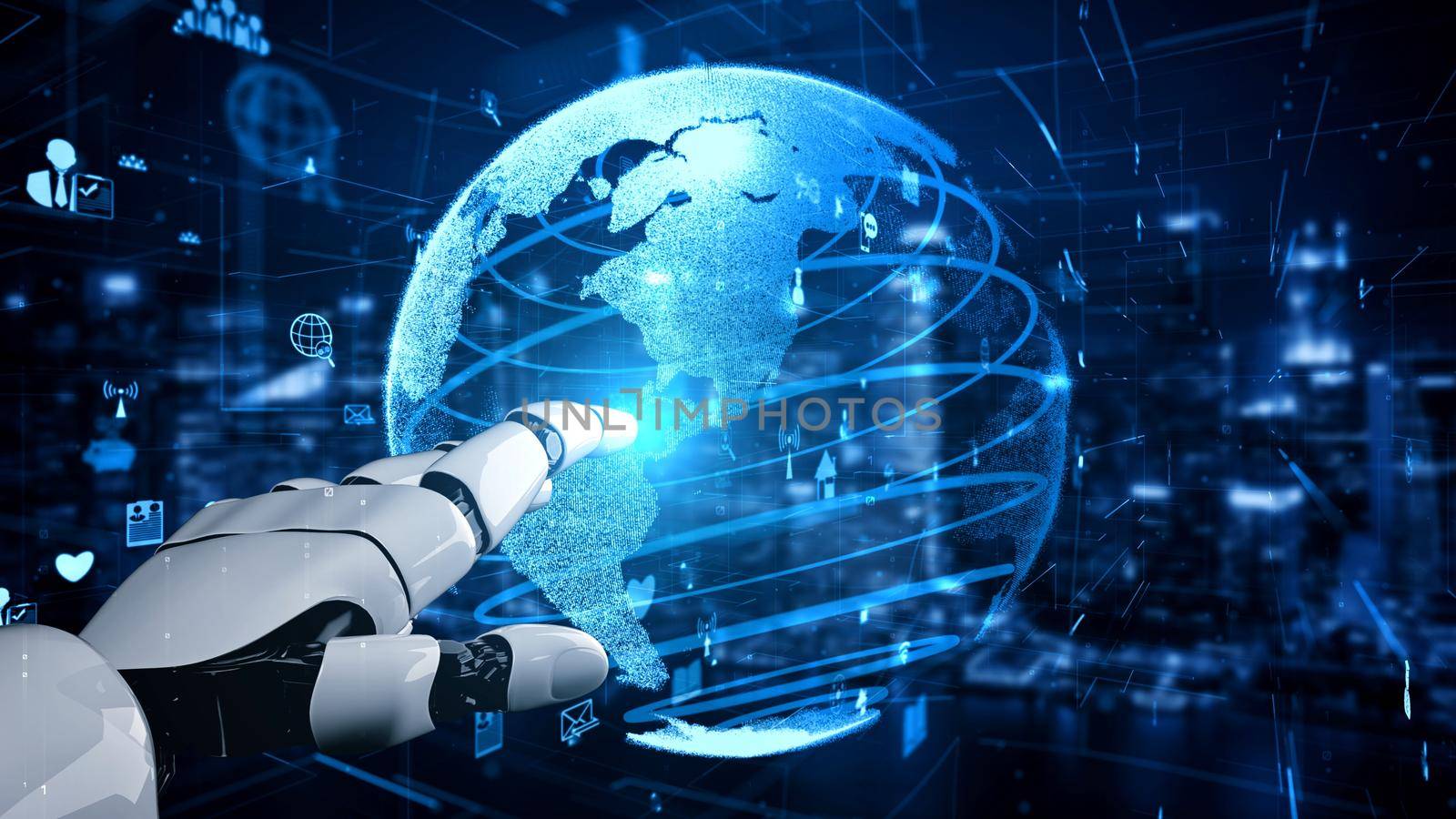 Futuristic robot artificial intelligence enlightening AI technology development and machine learning concept. Global robotic bionic science research for future of human life. 3D rendering graphic.